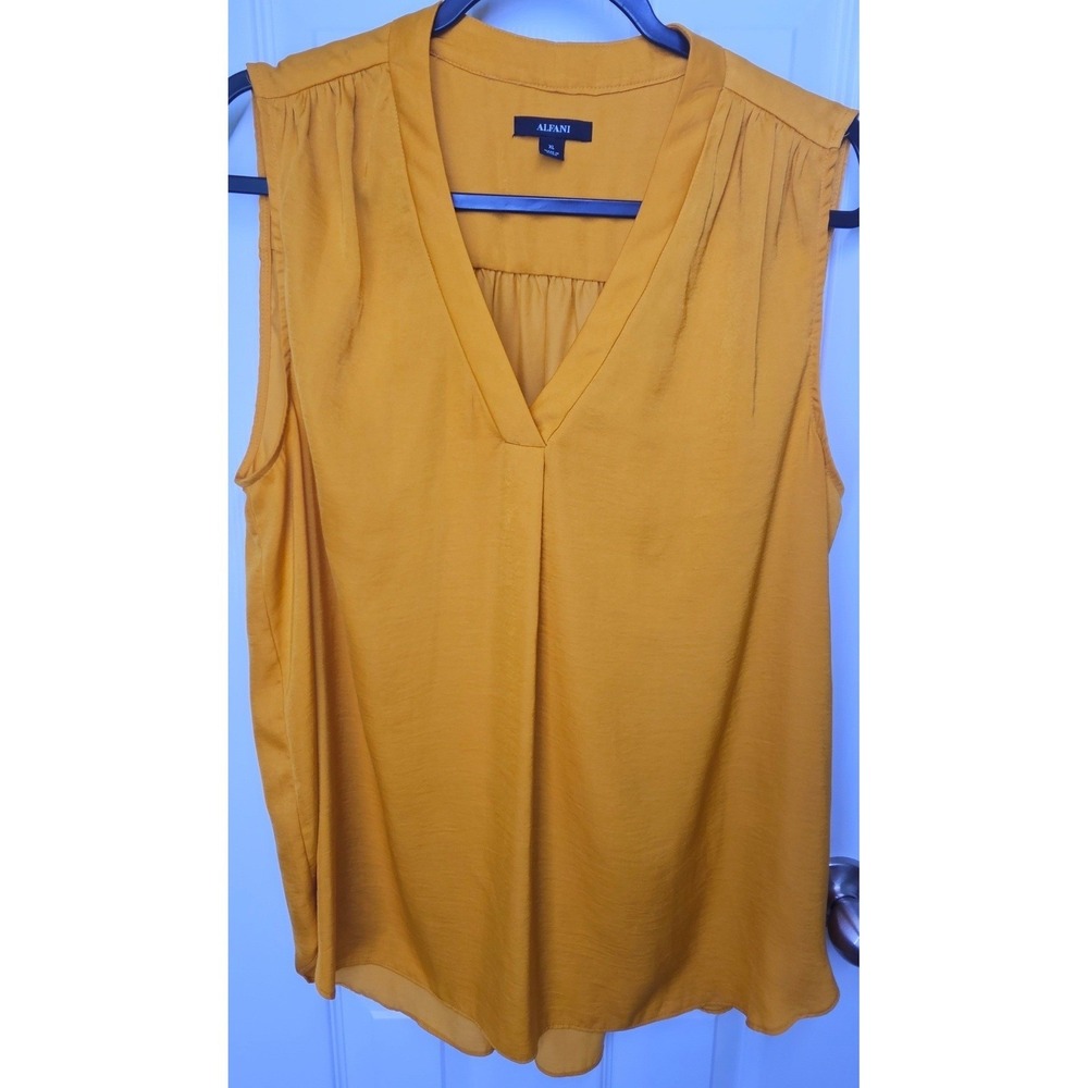 Alfani Womens Sleeveless V-Neck Blouse Mustard Yellow Soft Satin Top XL - Picture 2 of 8